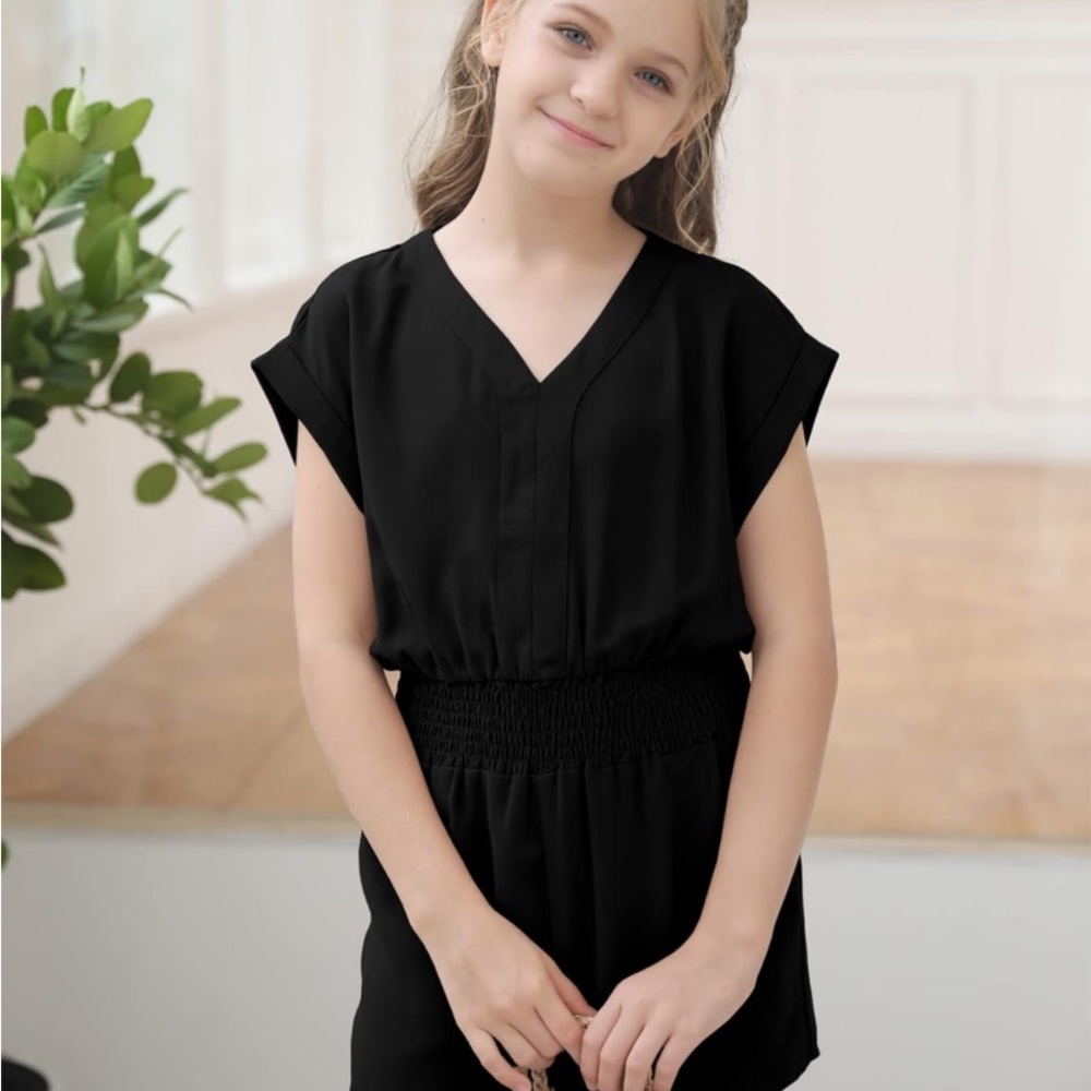 Girls Summer Jumpsuit Short Sleeve V Neck Romper Zipper Solid One-piece Outfits